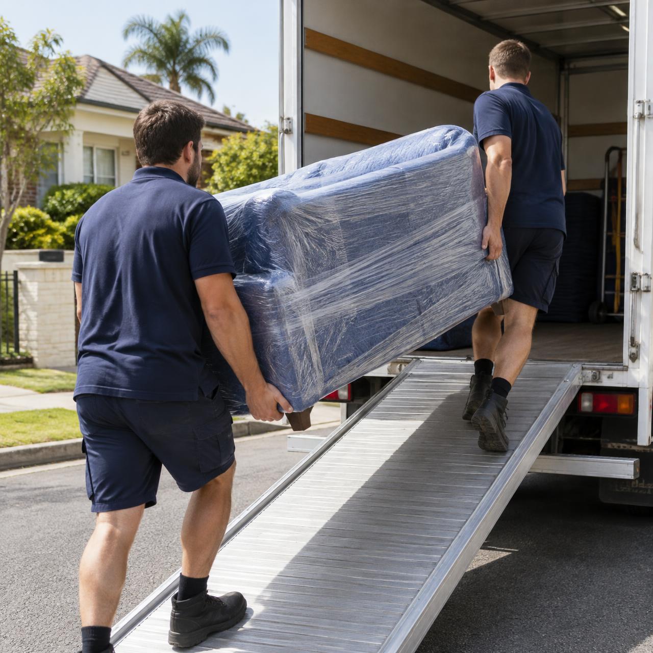 Removalist crew loading a sofa into a truck